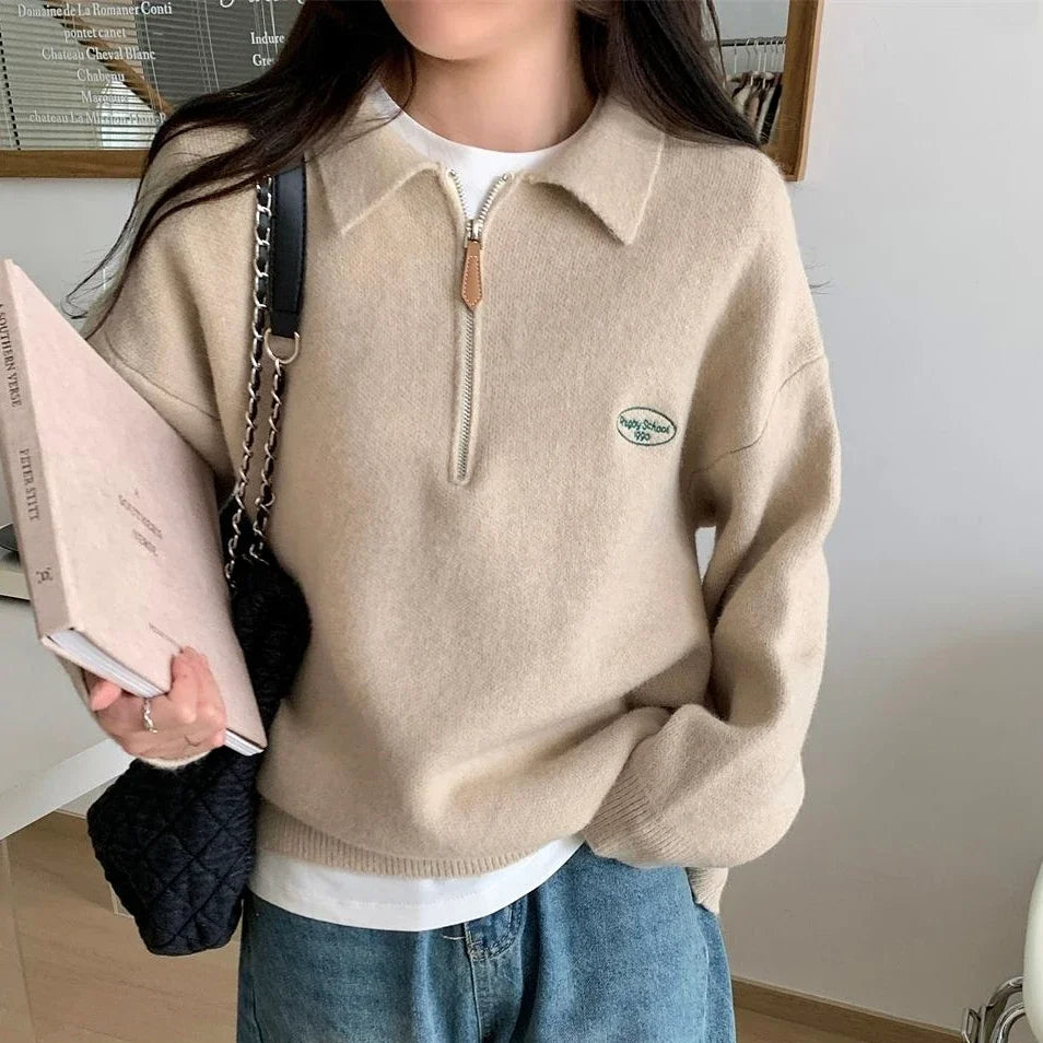 Preppy Half-Zip Polo Sweater Casual Korean-Inspired Style