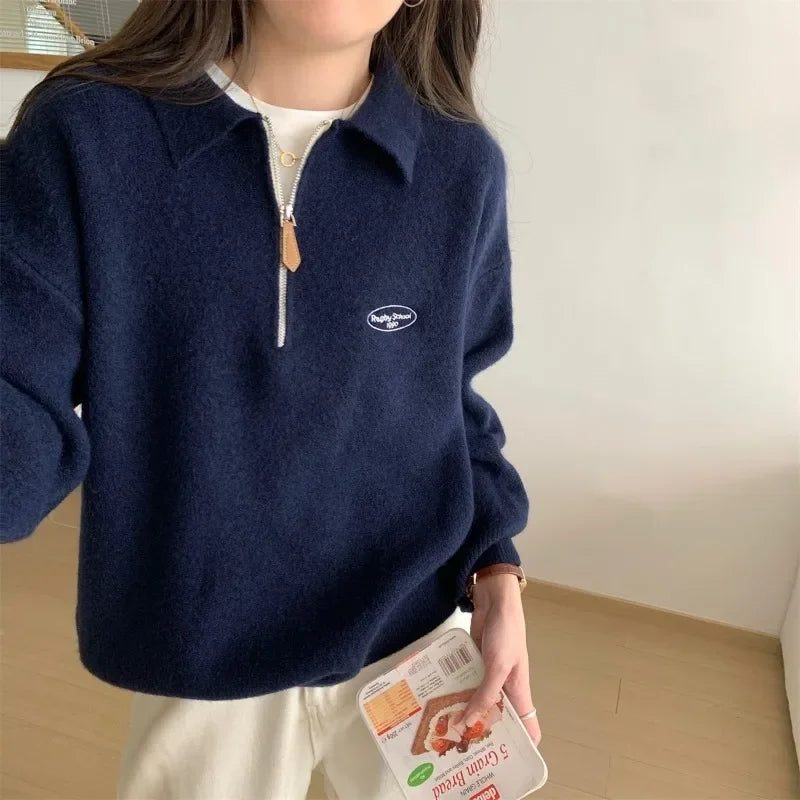 Preppy Half-Zip Polo Sweater Casual Korean-Inspired Style