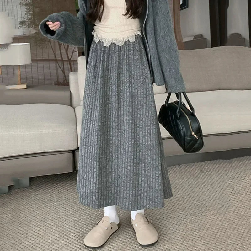 Chic Korean Style Pleated Long Skirt