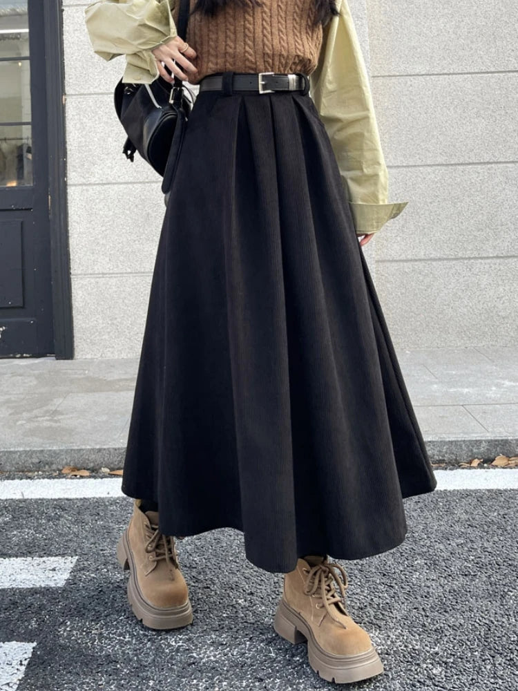 Korean Autumn Winter High-Waist Midi Skirt