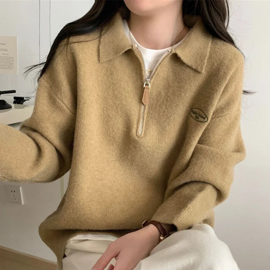 Preppy Half-Zip Polo Sweater Casual Korean-Inspired Style