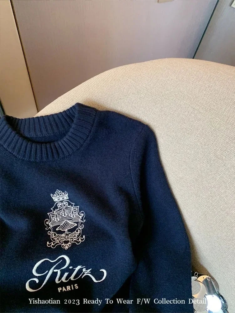 Vintage Embroidered Letter Knit Sweater Trendy Autumn Style