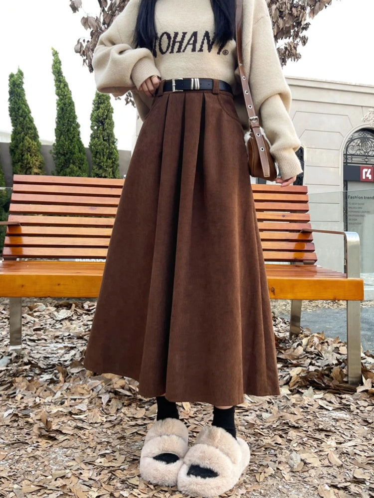 Korean Autumn Winter High-Waist Midi Skirt