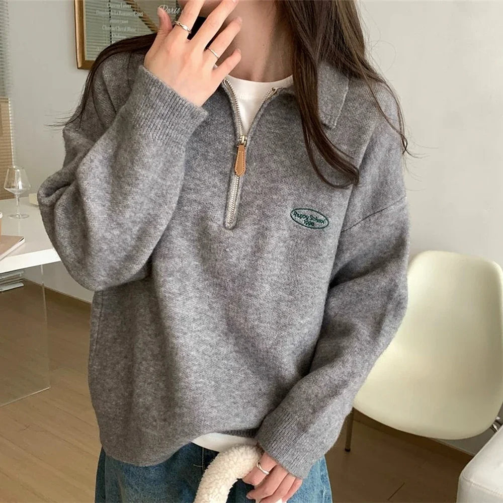 Preppy Half-Zip Polo Sweater Casual Korean-Inspired Style