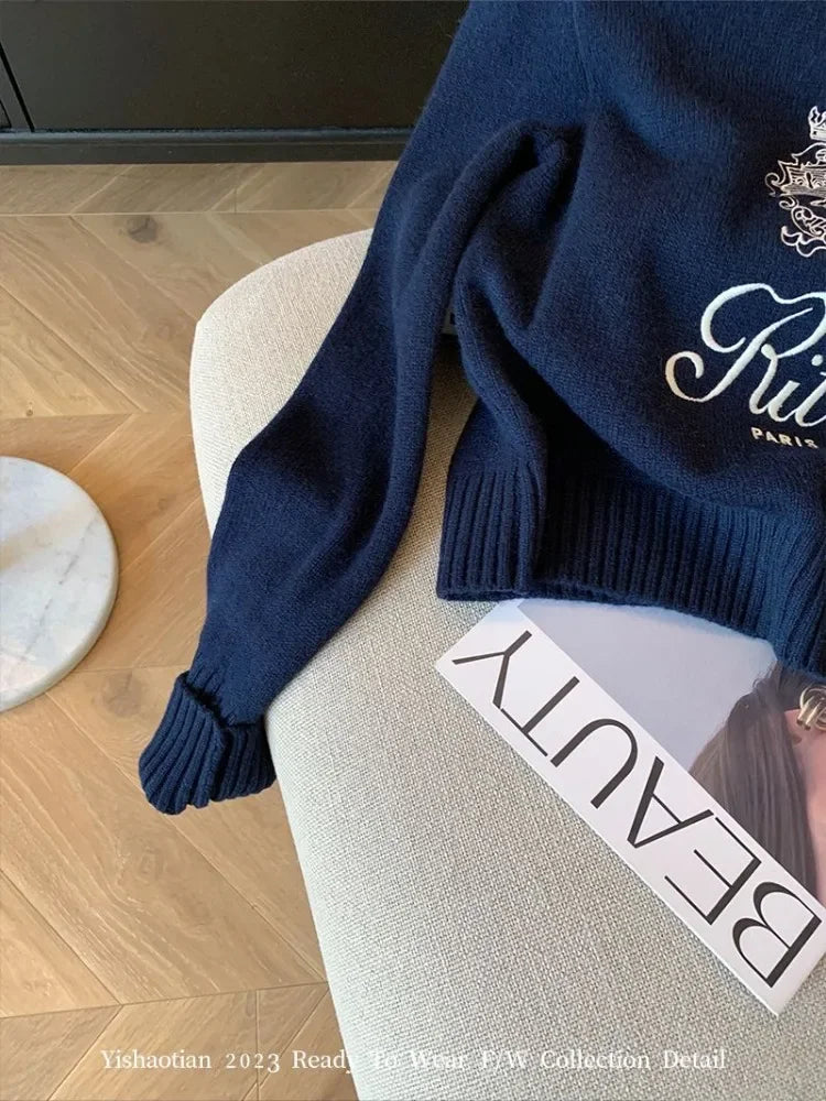 Vintage Embroidered Letter Knit Sweater Trendy Autumn Style