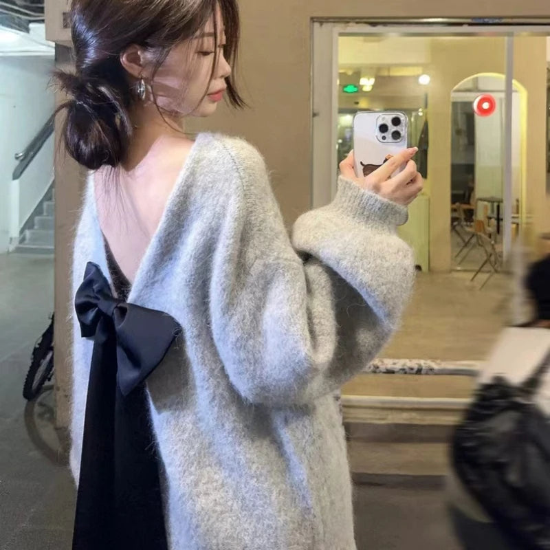 Backless Bow Knit Sweater Casual Retro Elegance