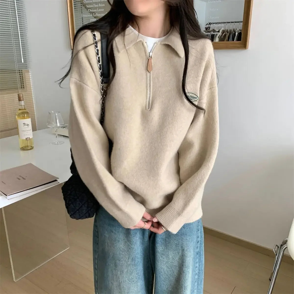 Preppy Half-Zip Polo Sweater Casual Korean-Inspired Style