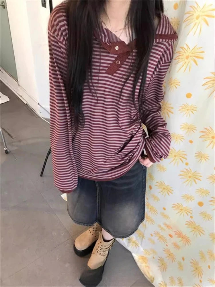 Preppy Style Korean Hoodies Women Clothing Y2k Tops Hooded Striped Long Sleeve Sweatshirts 2024 Ropa Mujer Casual Fashion Hoodie