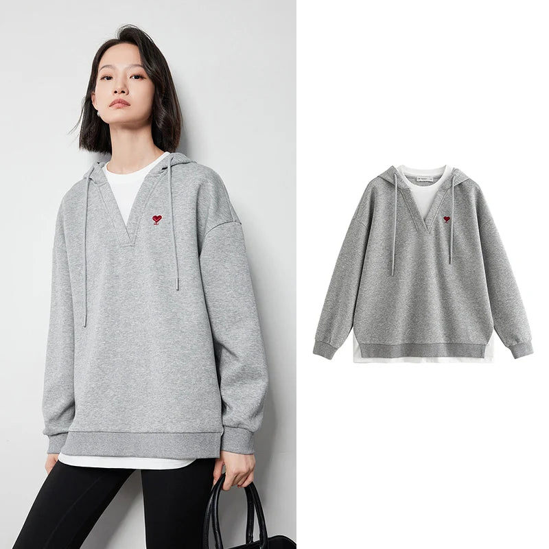 TOYOUTH Women Hoodies Sweatshirt 2024 Autumn New Heart Patter Embroidery Fake Two Piece Hooded Pullover Tops