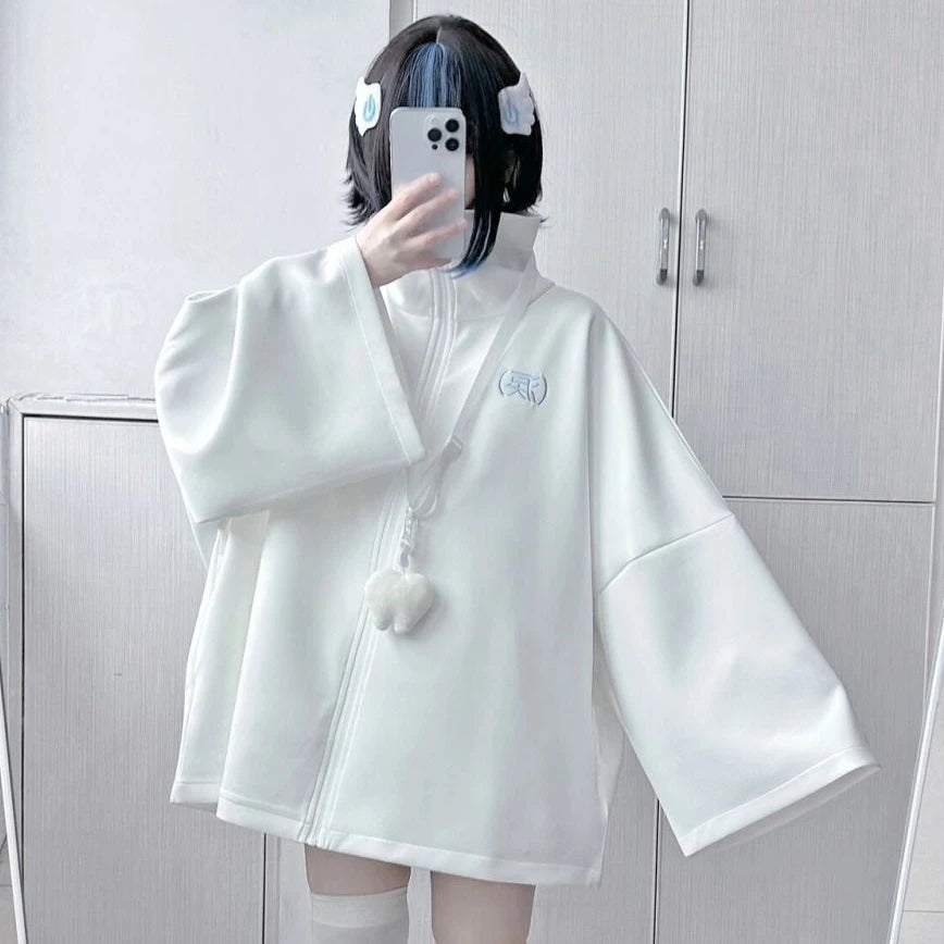 Spring Japanese Casual Solid Hoodies Women Loose Y2k Aesthetic Oversized Embroidery Coats Harajuku Zipper Grunge Sweatshirts