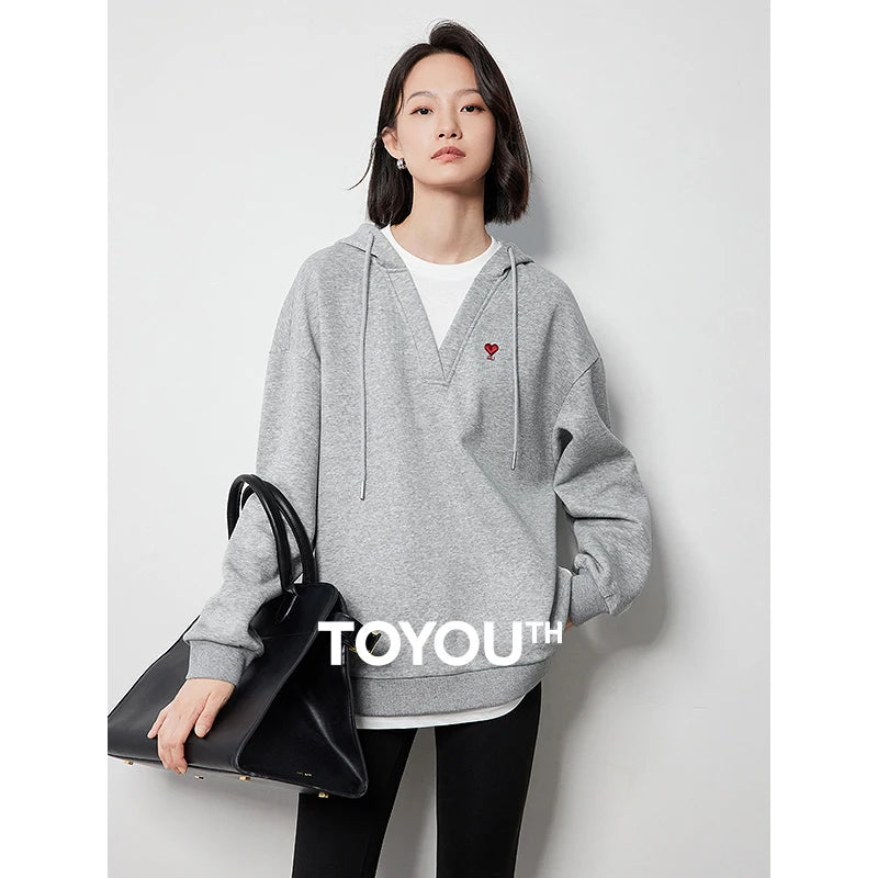 TOYOUTH Women Hoodies Sweatshirt 2024 Autumn New Heart Patter Embroidery Fake Two Piece Hooded Pullover Tops