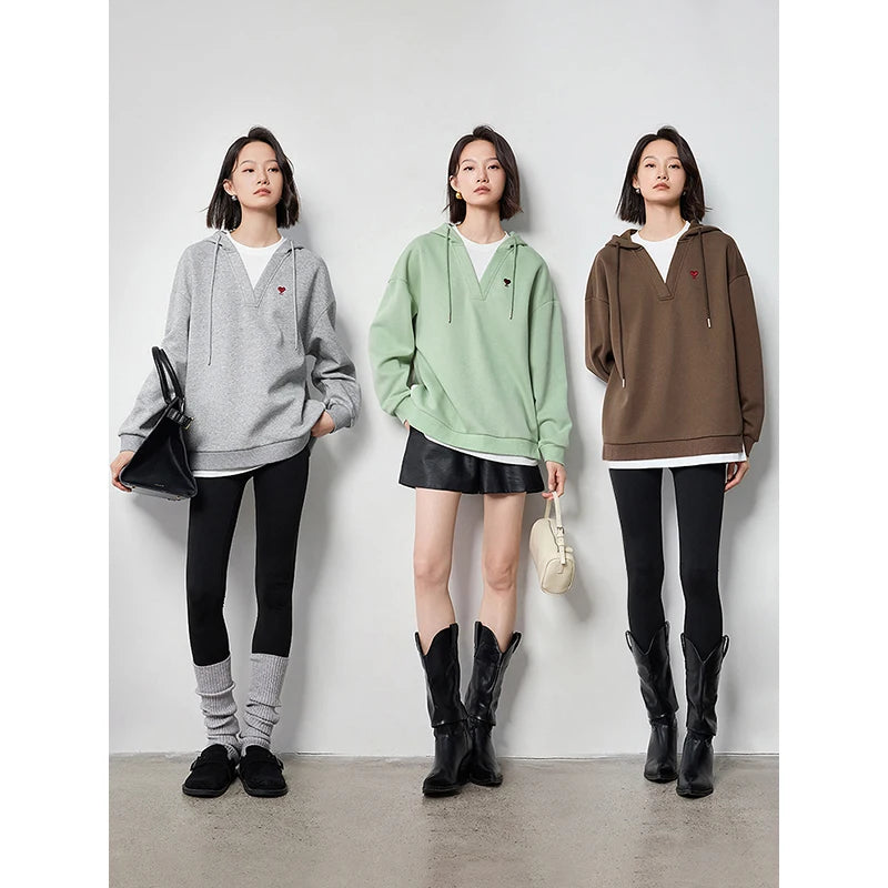 TOYOUTH Women Hoodies Sweatshirt 2024 Autumn New Heart Patter Embroidery Fake Two Piece Hooded Pullover Tops