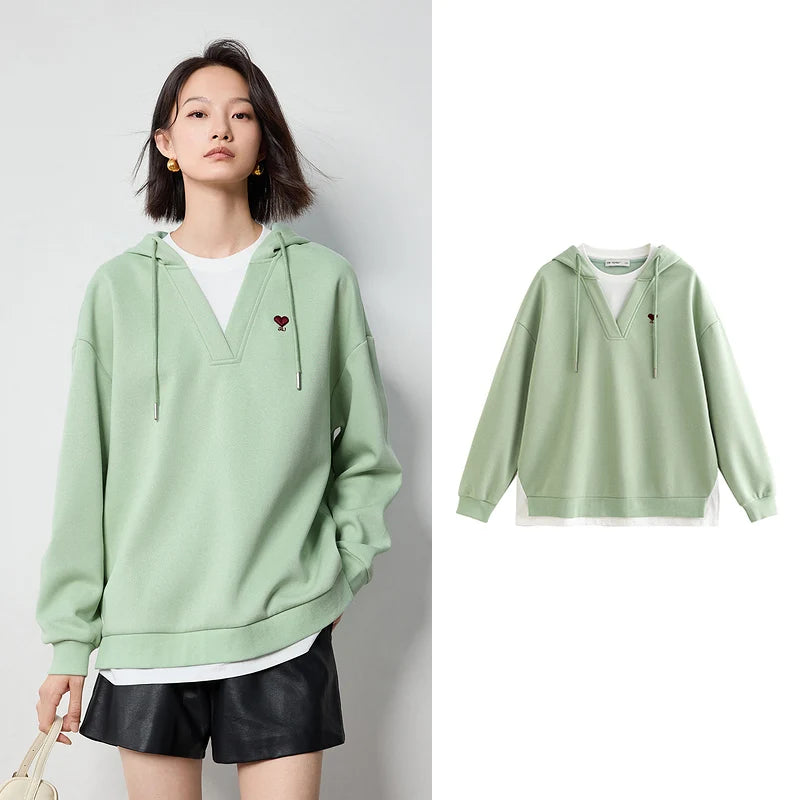 TOYOUTH Women Hoodies Sweatshirt 2024 Autumn New Heart Patter Embroidery Fake Two Piece Hooded Pullover Tops