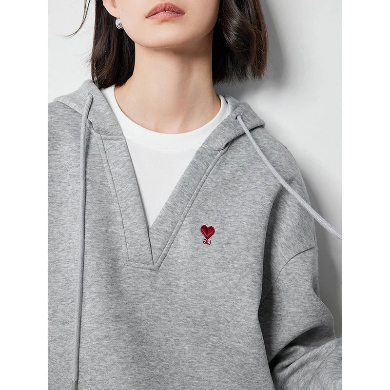 TOYOUTH Women Hoodies Sweatshirt 2024 Autumn New Heart Patter Embroidery Fake Two Piece Hooded Pullover Tops