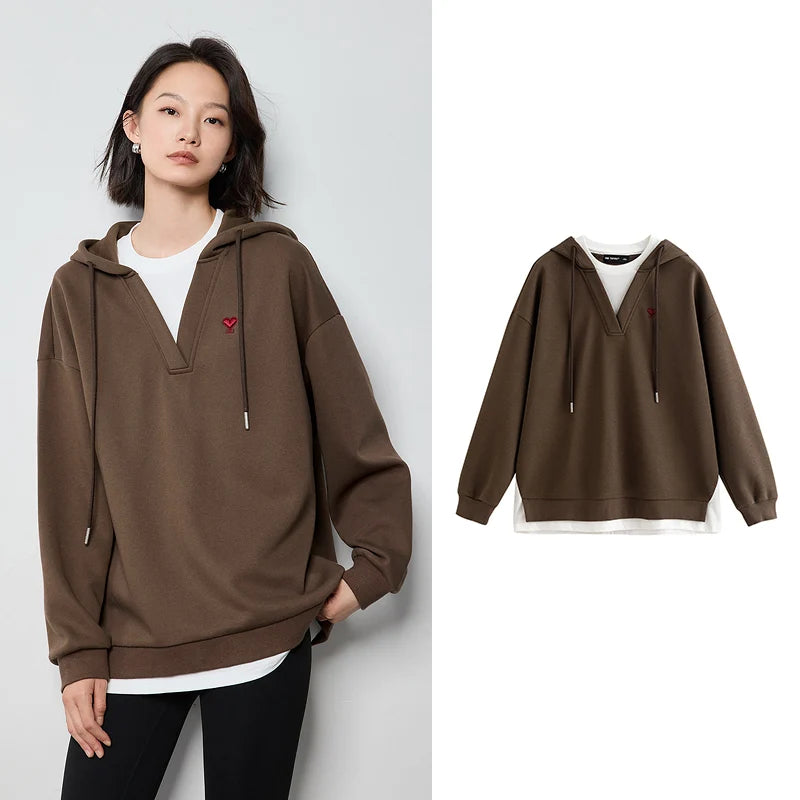 TOYOUTH Women Hoodies Sweatshirt 2024 Autumn New Heart Patter Embroidery Fake Two Piece Hooded Pullover Tops