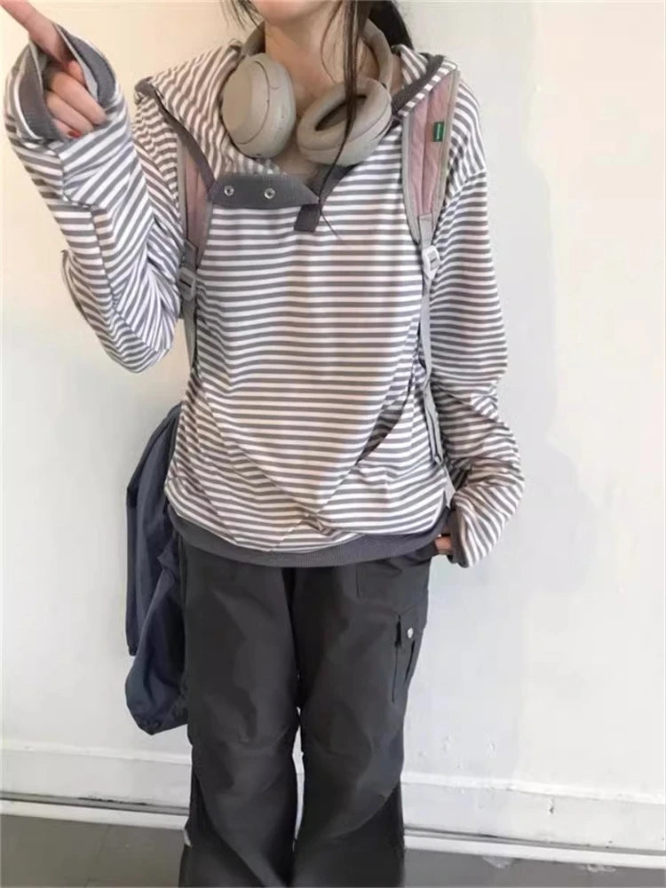 Preppy Style Korean Hoodies Women Clothing Y2k Tops Hooded Striped Long Sleeve Sweatshirts 2024 Ropa Mujer Casual Fashion Hoodie