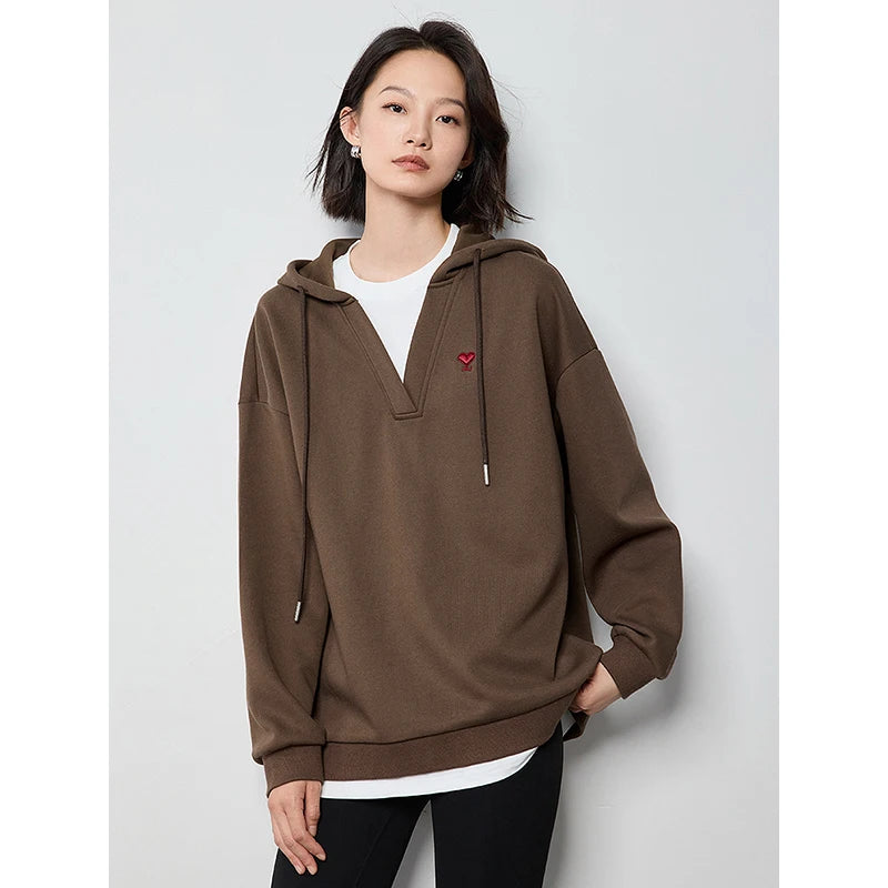 TOYOUTH Women Hoodies Sweatshirt 2024 Autumn New Heart Patter Embroidery Fake Two Piece Hooded Pullover Tops