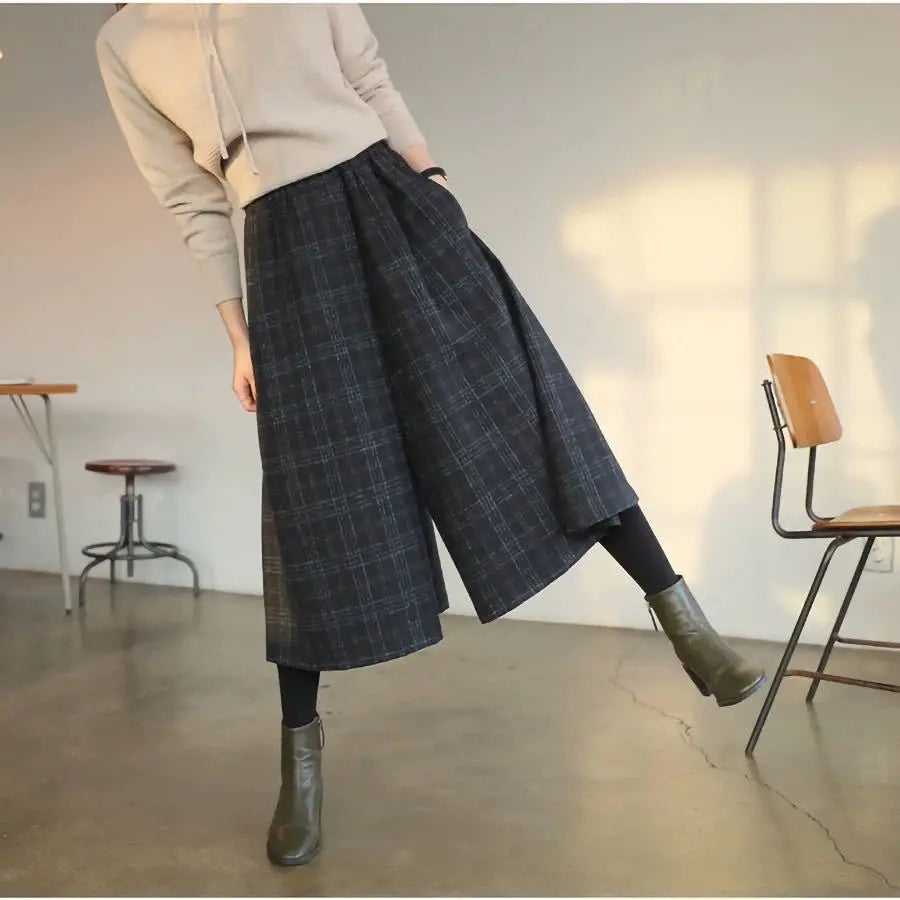 Cozy Plaid Wide Leg Trousers Elastic Waist