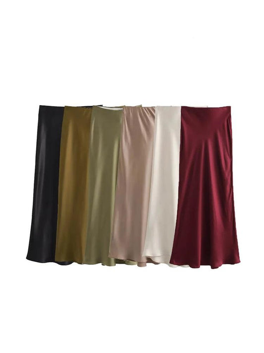 Elegant High-Waist Satin Midi Skirt for Women