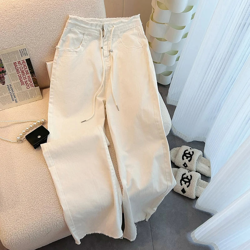 Adjustable Waist High-Rise White Jeans Women’s Wide-Leg Spring Style