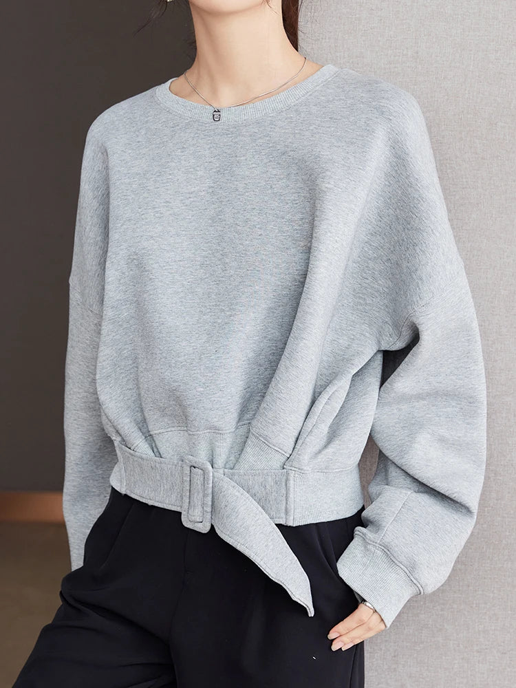 Cozy Grey Belted Sweatshirt Loose Fit for Autumn Winter