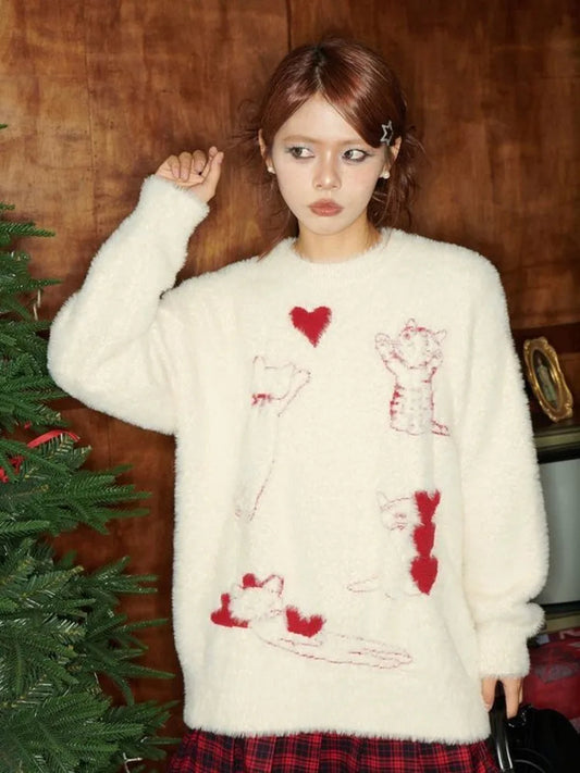 Y2K Coquette Kawaii Sweater Cute Cat and Heart Print for Fall