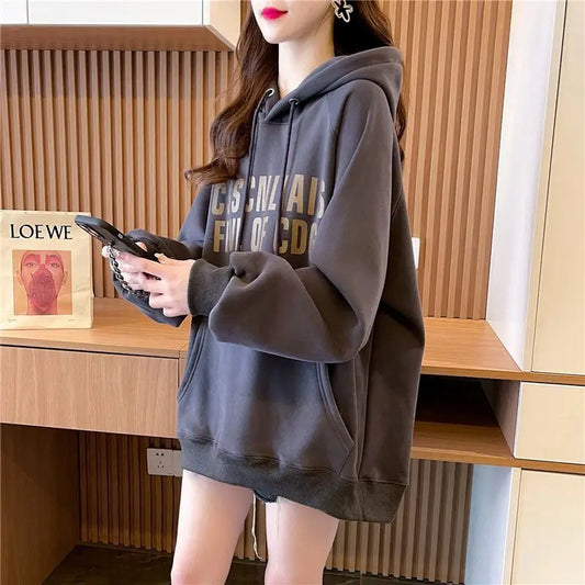 Cozy Printed Oversized Hoodie with Lace-Up Detail for Winter