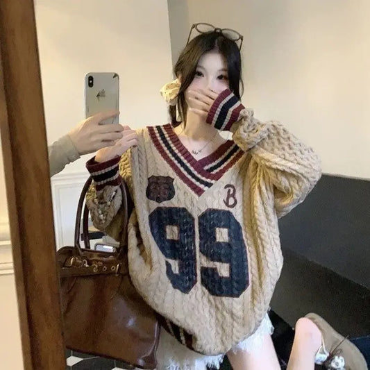 Vintage-Inspired Striped V-Neck Sweater Y2K Aesthetic