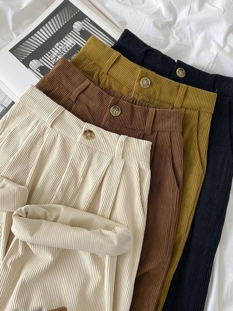 Retro Corduroy Wide Leg Pants High Waist Streetwear Style