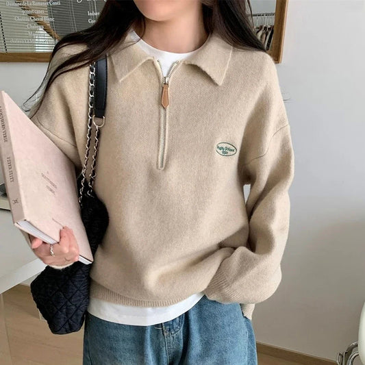 Preppy Half-Zip Polo Sweater Casual Korean-Inspired Style