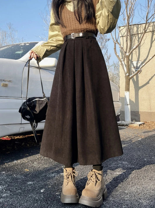 Korean Autumn Winter High-Waist Midi Skirt