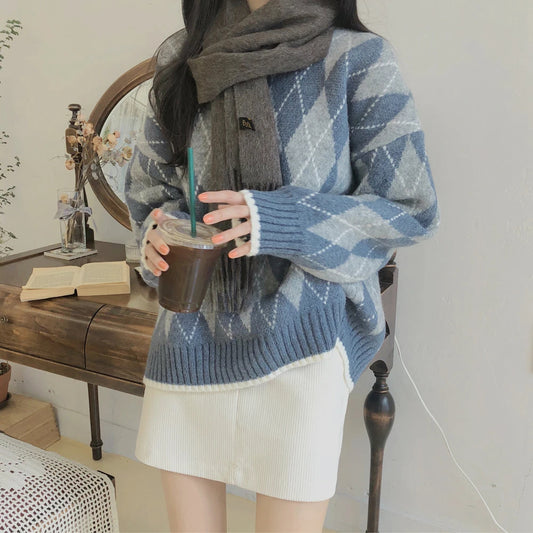 Casual Loose Argyle Knit Sweater Perfect for Fall & Winter