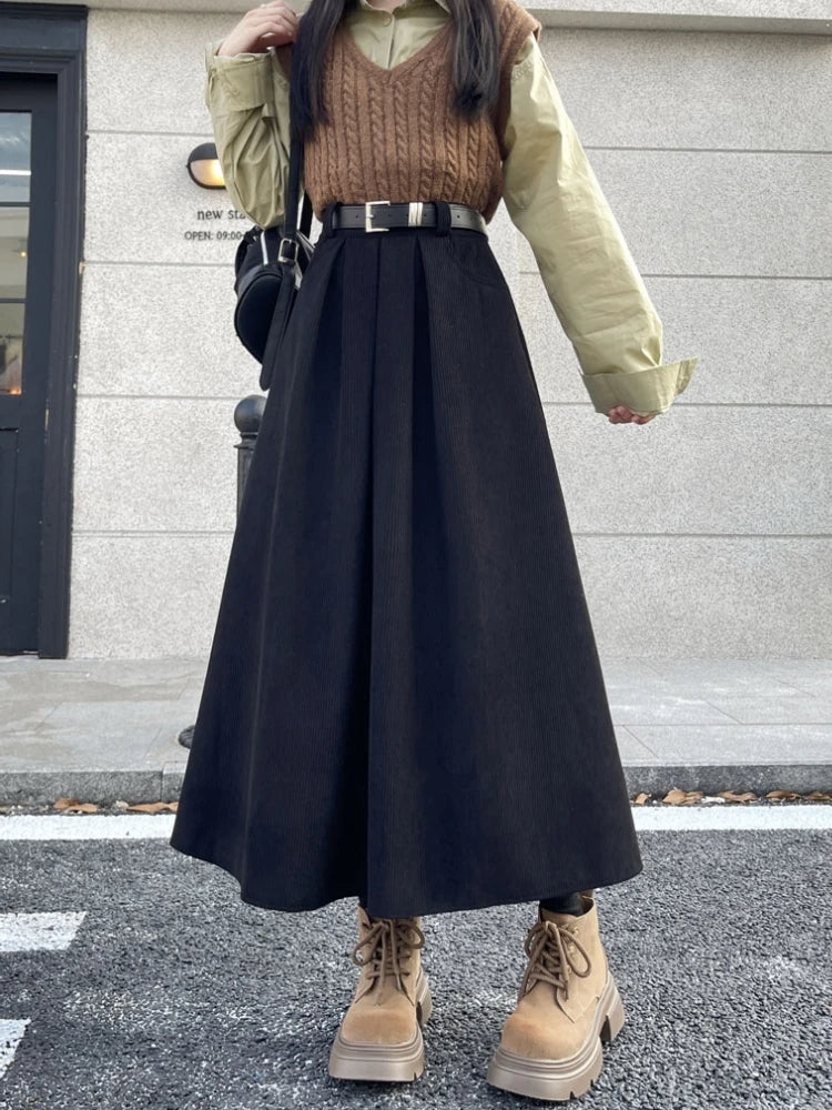 Korean Autumn Winter High-Waist Midi Skirt