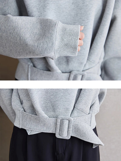 Cozy Grey Belted Sweatshirt Loose Fit for Autumn Winter