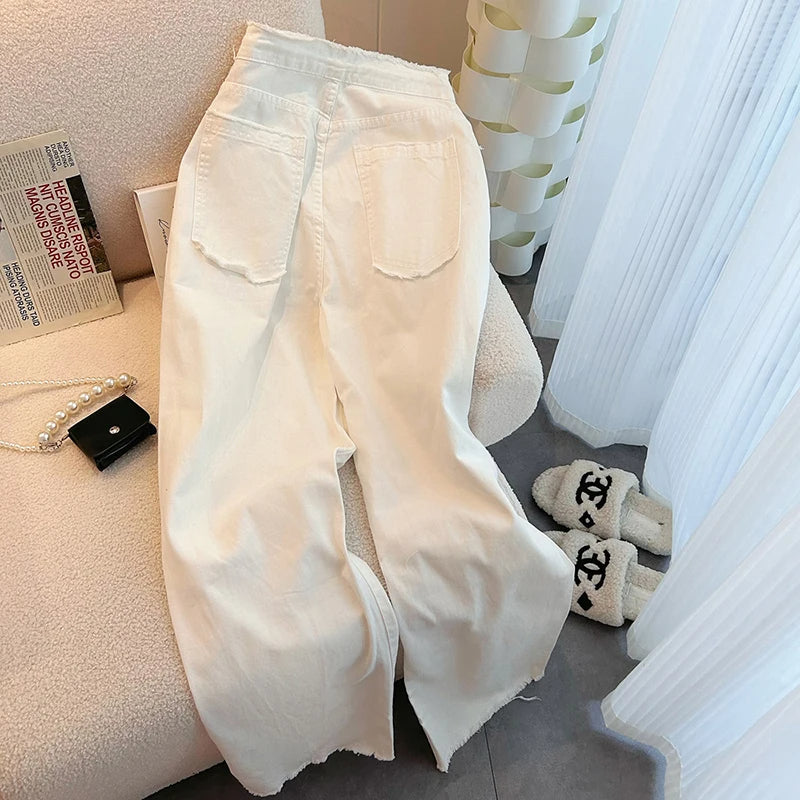 Adjustable Waist High-Rise White Jeans Women’s Wide-Leg Spring Style