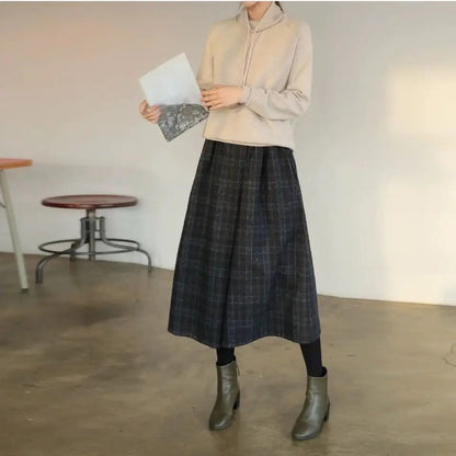 Cozy Plaid Wide Leg Trousers Elastic Waist