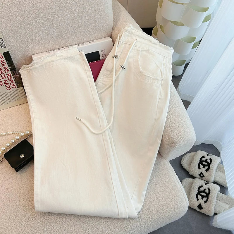 Adjustable Waist High-Rise White Jeans Women’s Wide-Leg Spring Style