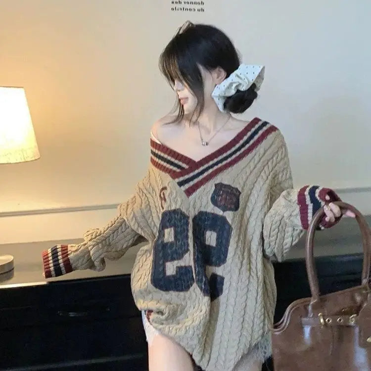 Vintage-Inspired Striped V-Neck Sweater Y2K Aesthetic