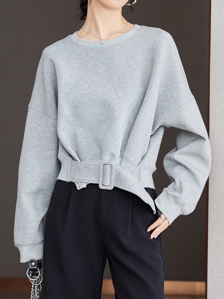 Cozy Grey Belted Sweatshirt Loose Fit for Autumn Winter