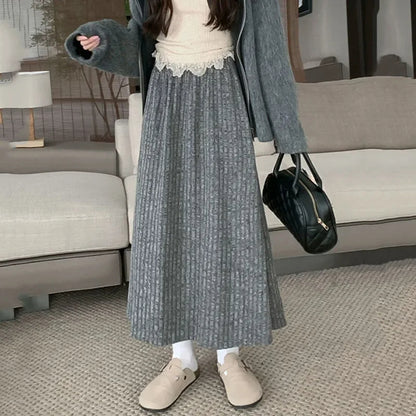 Chic Korean Style Pleated Long Skirt