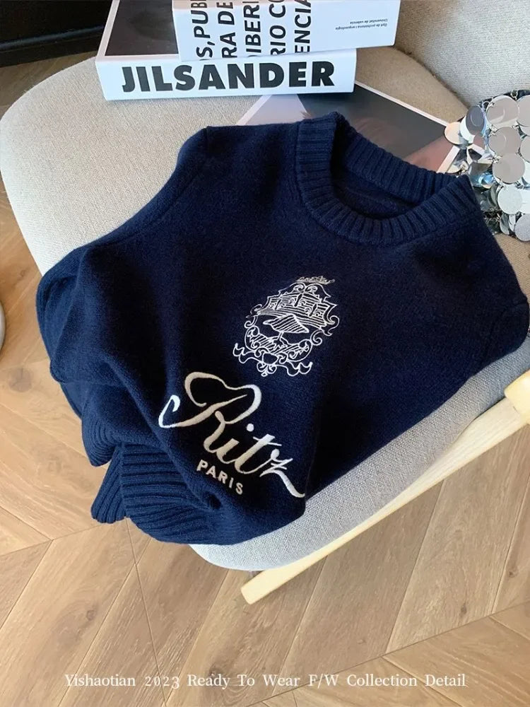 Vintage Embroidered Letter Knit Sweater Trendy Autumn Style