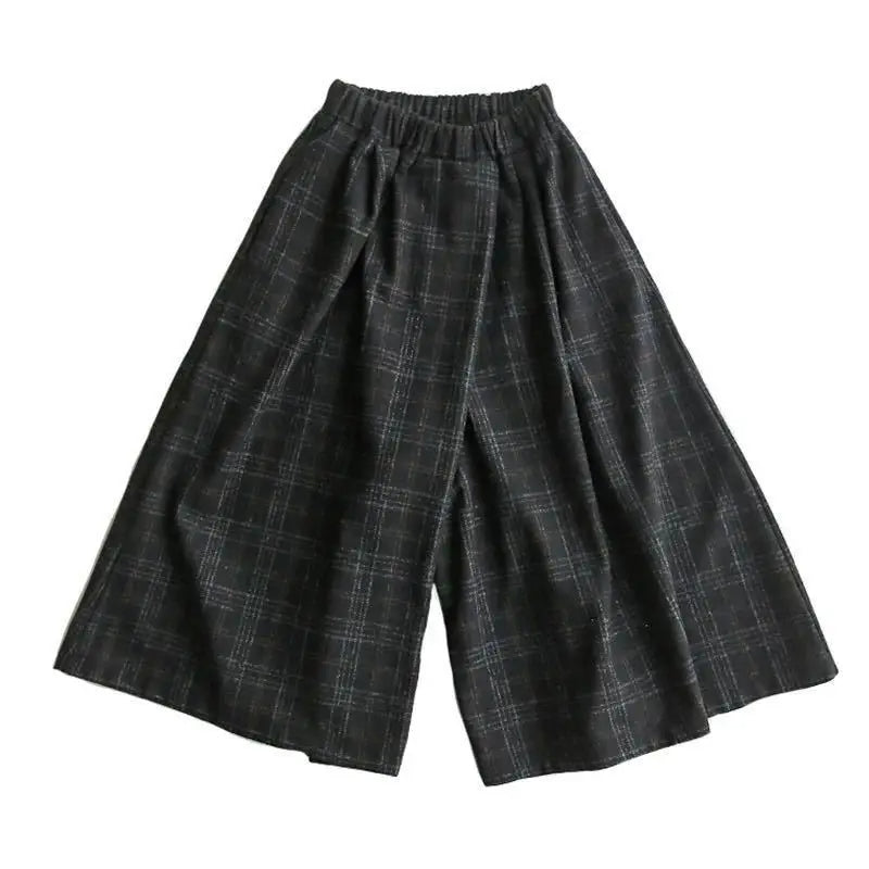 Cozy Plaid Wide Leg Trousers Elastic Waist