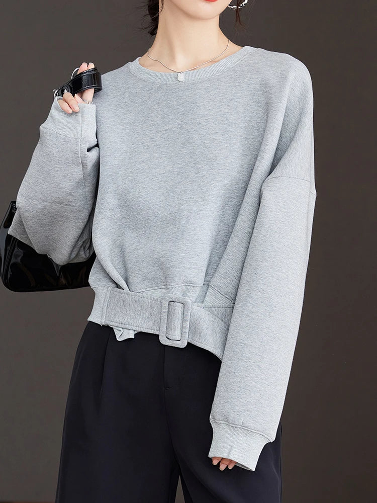 Cozy Grey Belted Sweatshirt Loose Fit for Autumn Winter