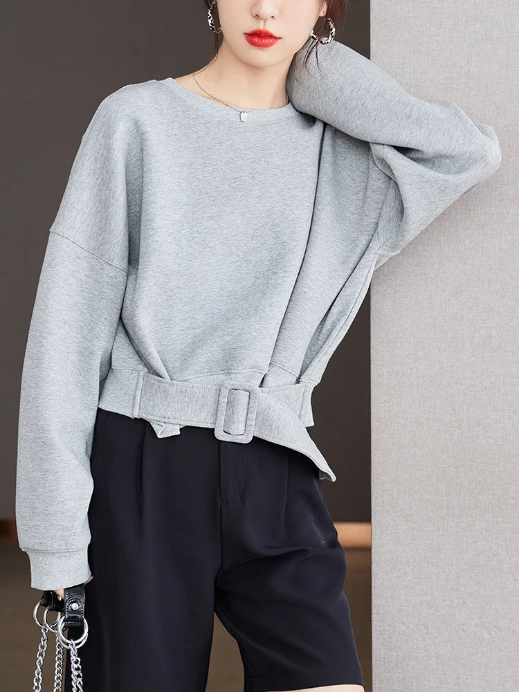 Cozy Grey Belted Sweatshirt Loose Fit for Autumn Winter