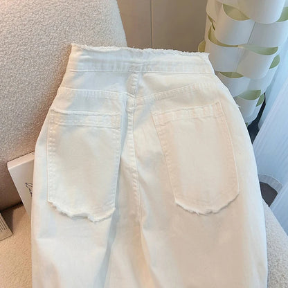 Adjustable Waist High-Rise White Jeans Women’s Wide-Leg Spring Style