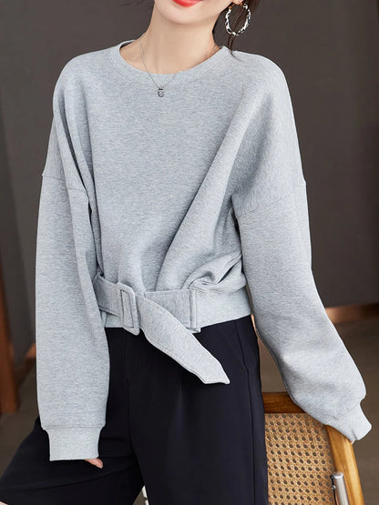 Cozy Grey Belted Sweatshirt Loose Fit for Autumn Winter