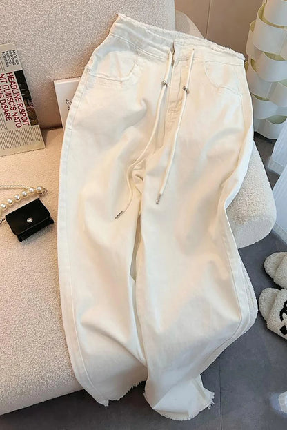 Adjustable Waist High-Rise White Jeans Women’s Wide-Leg Spring Style