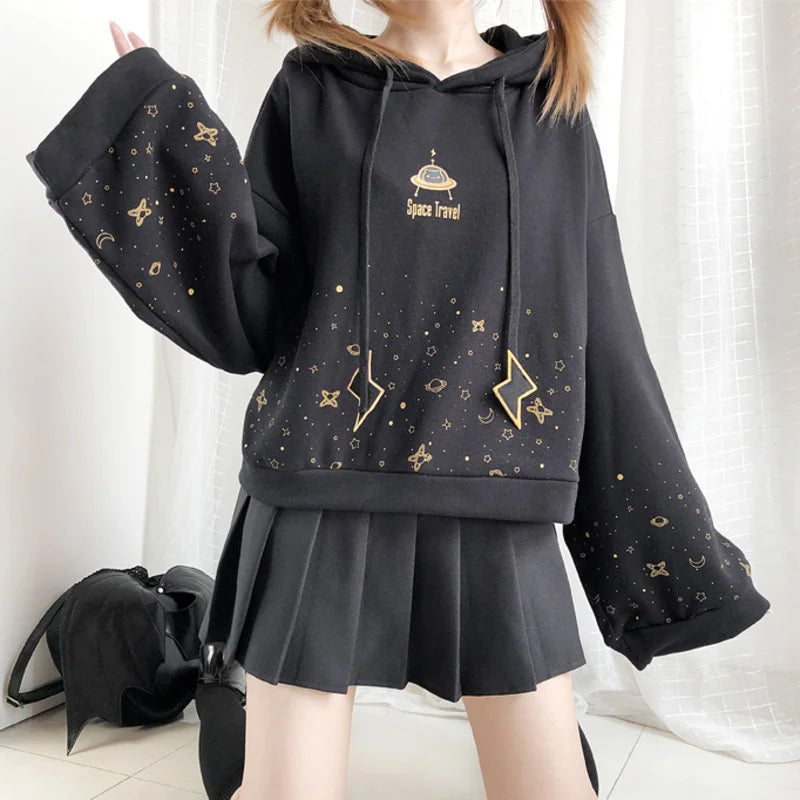 Women's Harajuku Lightning Stars Patterned Short Hoodie