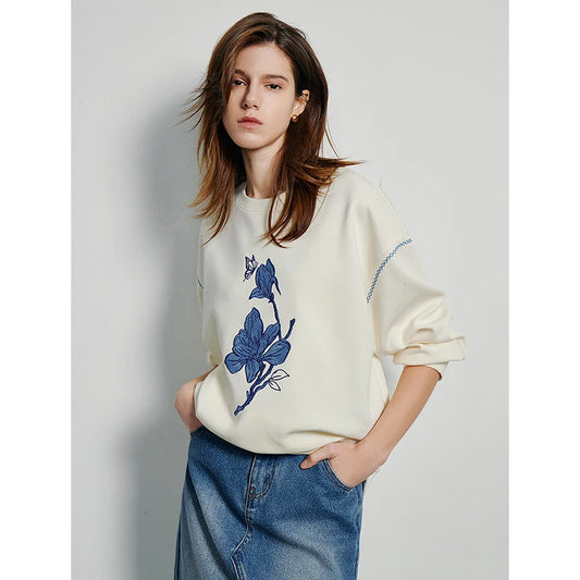 Embroidered Flower Pullover with a Chic Round Collar