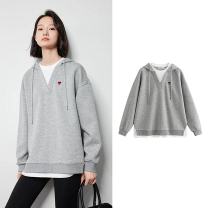 TOYOUTH Women Hoodies Sweatshirt 2024 Autumn New Heart Patter Embroidery Fake Two Piece Hooded Pullover Tops